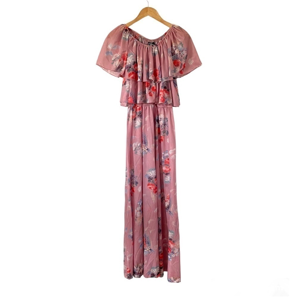 Vintage 70s Tiered‎ Floral Maxi Dress Dusty Rose Pink Flower Child Hippie Boho